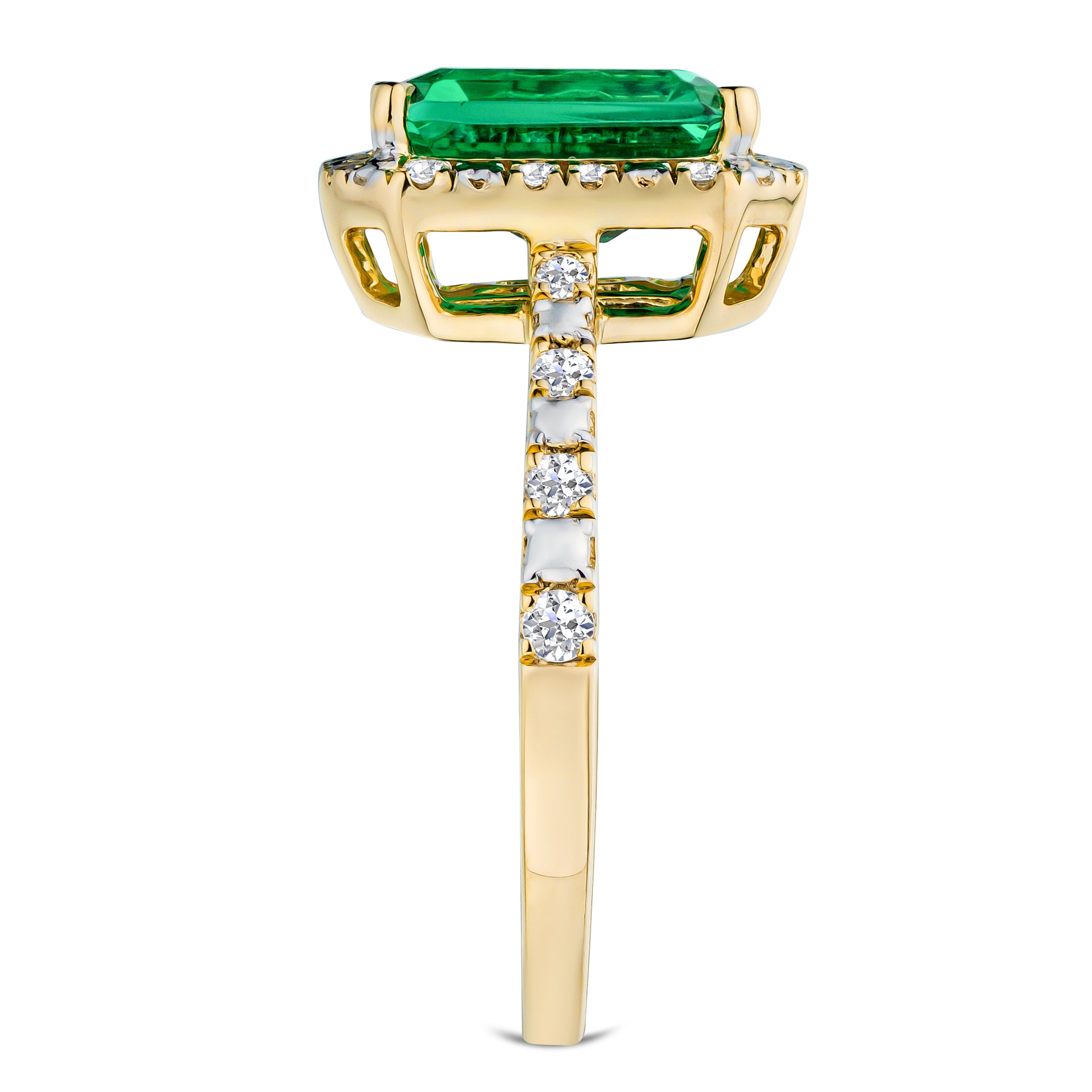 Astra 1.50ct Lab Emerald and Diamond Halo Shoulder Set Octagon Cut Ring in 18K Gold Vermeil
